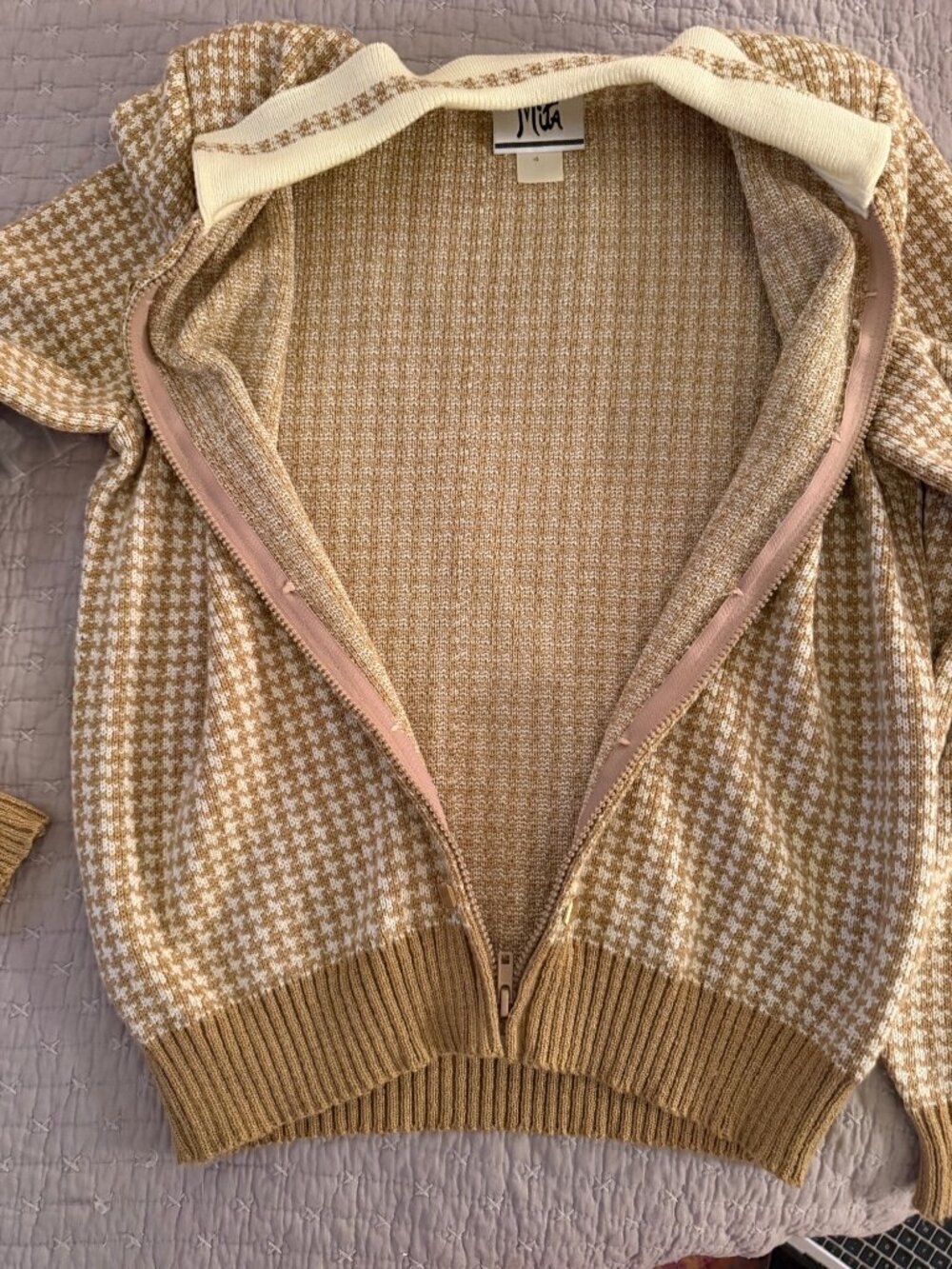 Mita Cardigan Womens Zip-up Cardigan Sweater Size 4 Tan Knit Houndstooth Vintage - Picture 8 of 10